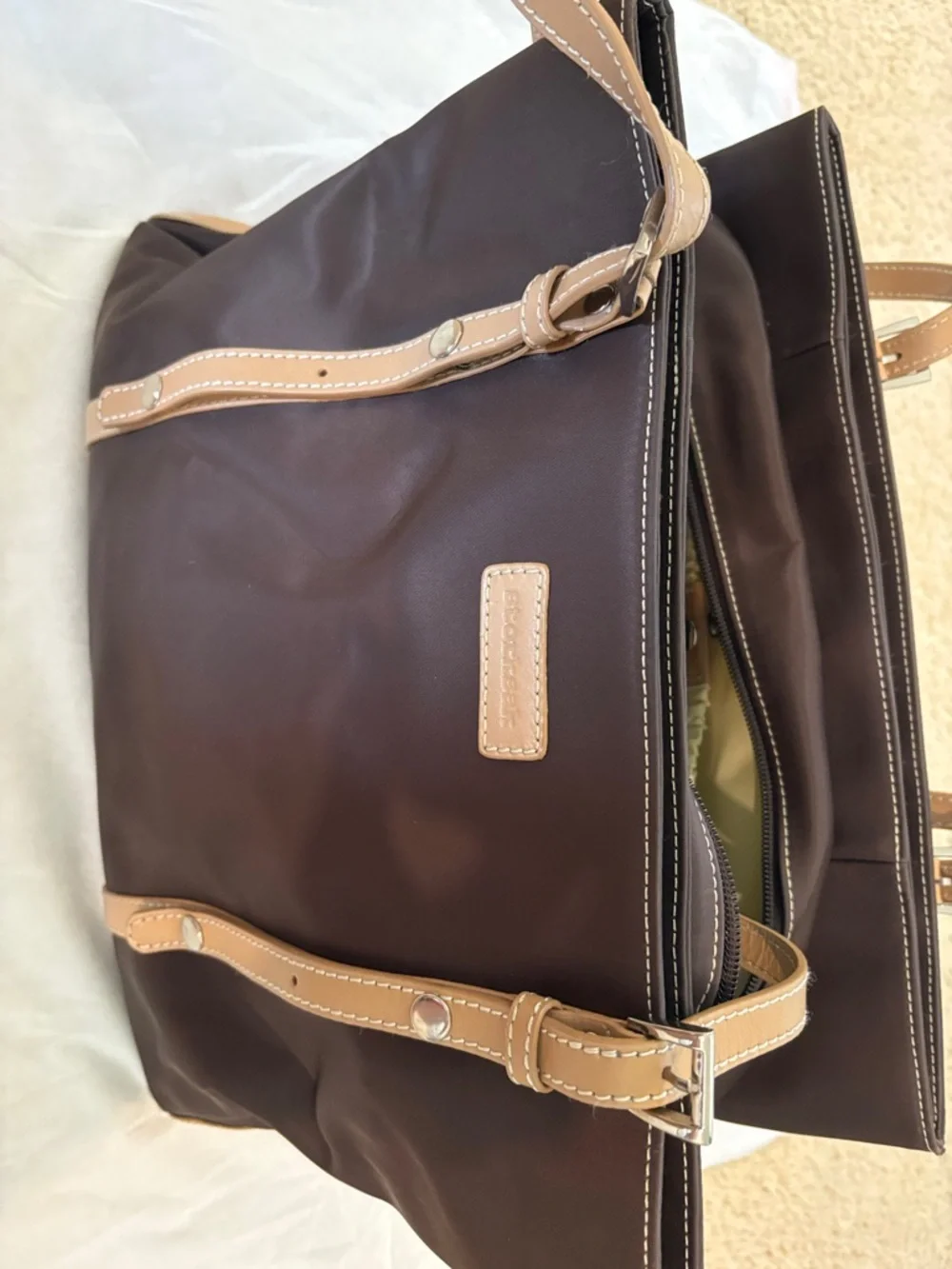 Storksak Dark Brown Nylon Tote with Tan Leather Straps